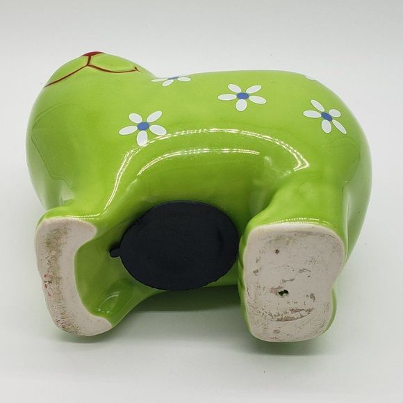Lime Green Cat Shaped Applied White Blue Flowers Ceramic Piggy Bank with Stopper - Picture 3 of 13